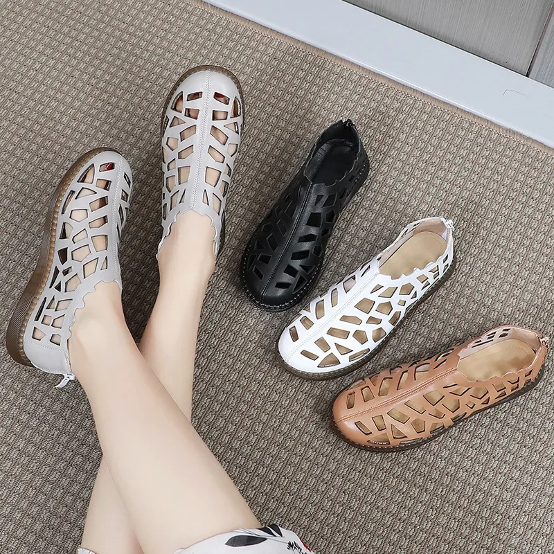 New Summer Round Toe Hollow Hole Shoes Woman Sandals Casual Sneaker Flat Soft Sole Comfortable Sandals Large Size Shoes