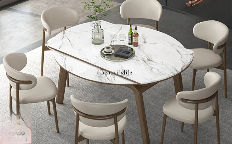 

Retractable microcrystalline stone dining table solid wood square and round dual-purpose marble variable round table