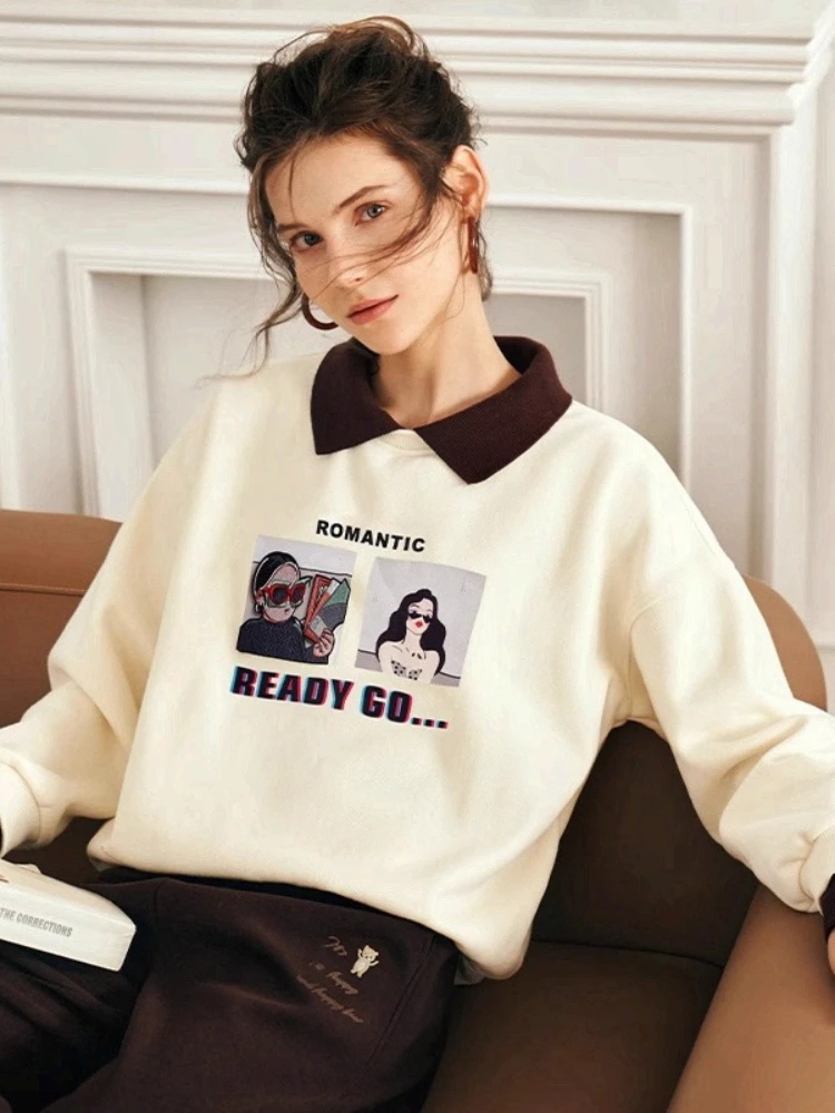 

OLrain American Polo Neck Sweatshirts Women's Autumn 2025 New Retro Contrasting Color Top Casual Printing Pullover O23DR69600