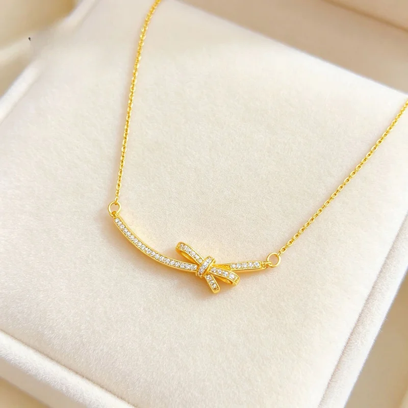 Light Luxury 9999 Pure Gold Pave Zircon Bowknot Pendant Choker for Women Elegant Collarbone Chain Vintage Jewelry
