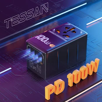 TESSAN PD 100W GaN 국제 여행 어댑터, USB 2 개 포함, 2 타입 C GaN 고속 충전 어댑터, 여행용 EU AU 미국 영국 플러그 포함 