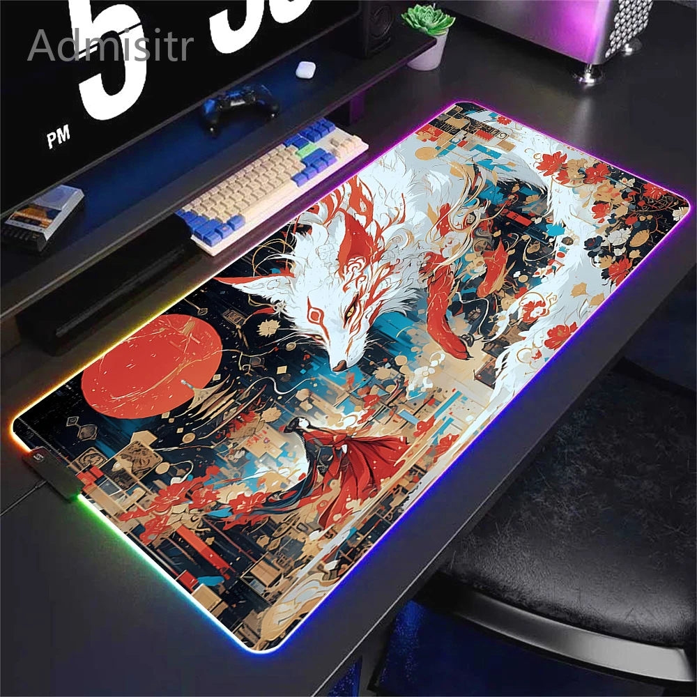 Imagem -04 - Kawaii Purple Fox Rgb Mouse Pad Led Brilhante Mouse Mats Colorido Gaming Computer Mousepad Teclado pc Gamer Borracha Xxl