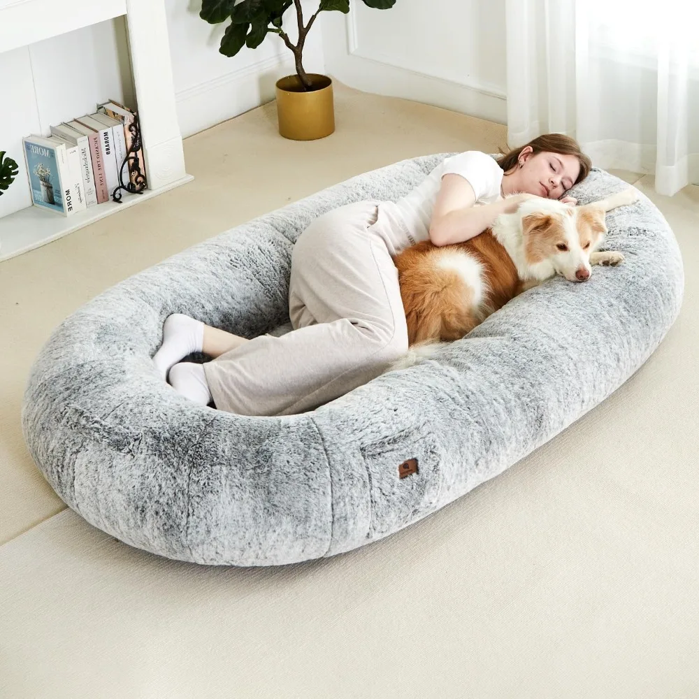 

Human Dog Bed for Adult, Fluffy Faux Rabbit Fur Human Size Dog Bed Better Sleeping, Supportive with Orthopedic Memory Foam Mats