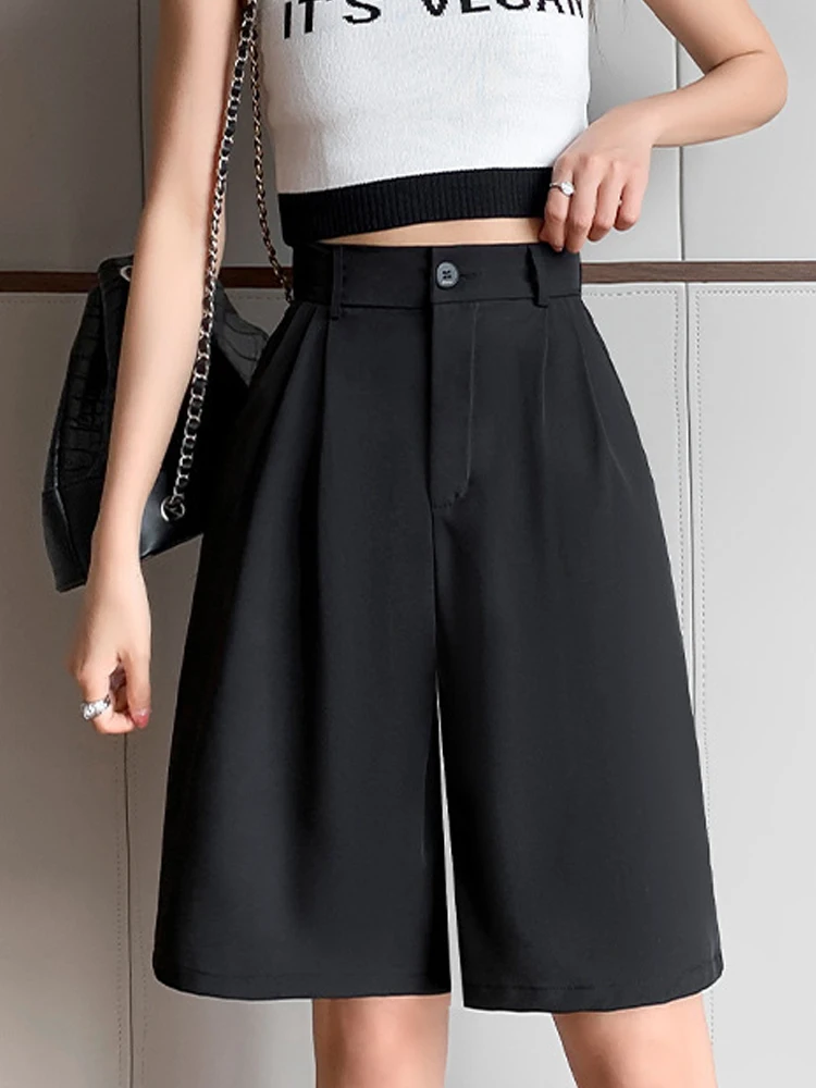 

Casual High Waist Wide Leg Suits Shorts Womens Summer Office Lady Loose Shorts for Women Solid Black Knee Length Baggy Shorts