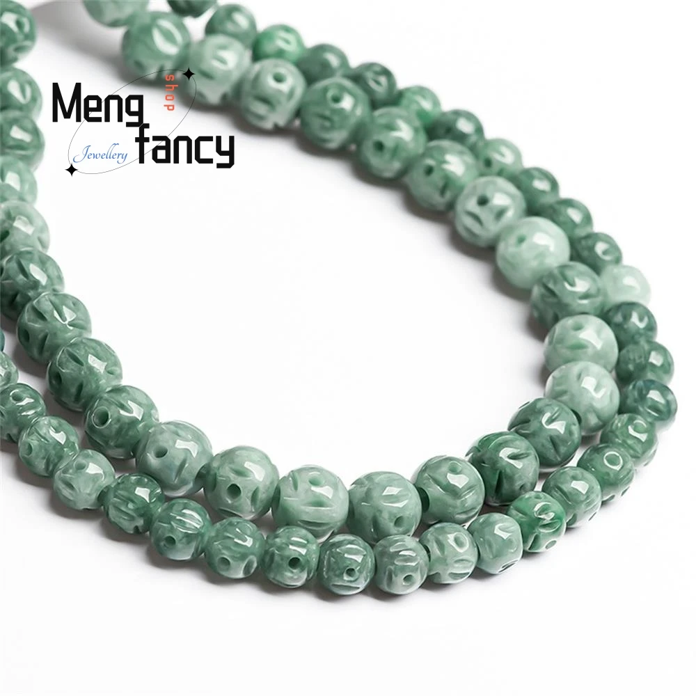 Natural A-goods Jadeite Bean Green Jade Carving Pattern Round Beads Handmade DIY Materials Bracelet Accessories Fashion Jewelry