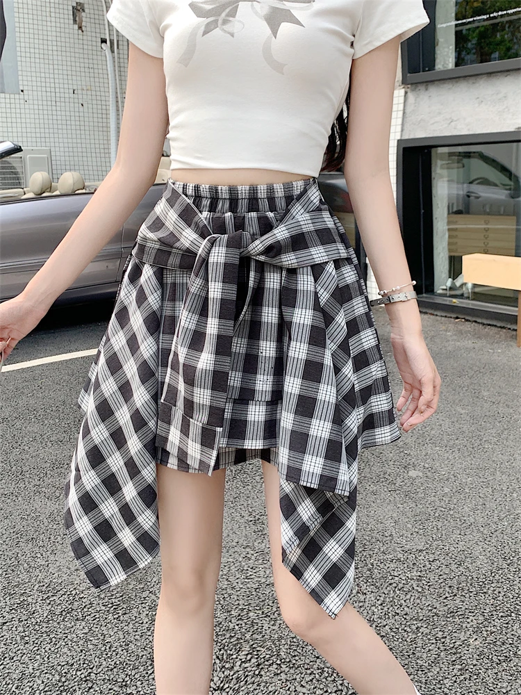 

Large size chubby mm high waisted slim plaid skirt for women's summer irregular design, shirt style strap A-line short skirt