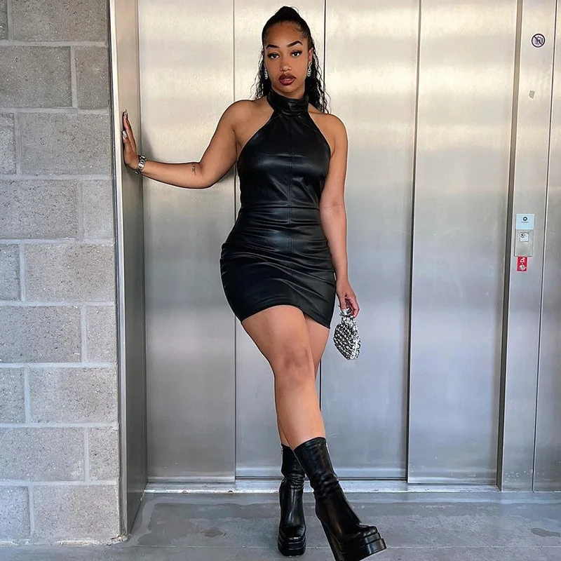 knee length dresses for ladies Faux Leather Liquid Dress