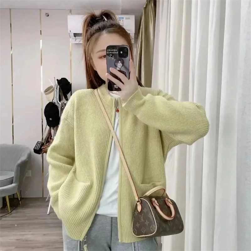 2023 Spring Autumn New Lazy Style High Grade Vertical Pit Stripe Double Head Zipper Round Neck Cardigan Sweater Coat Women