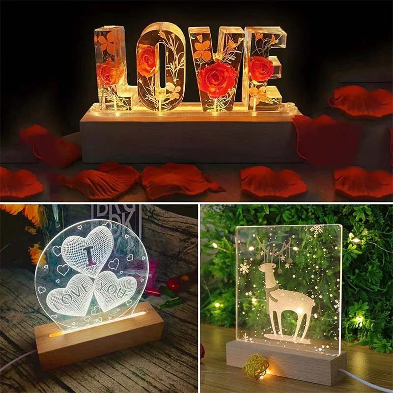 1-2개 직사각형 나무 LED 조명 디스플레이 베이스 스탠드 3D 플렉시글라스 램프 홀더 USB 야간 조명 (수제 DIY 아트 데코용)