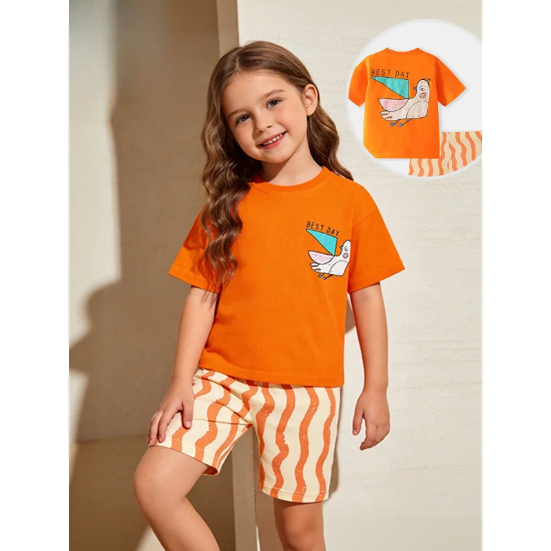 

New Summer Two-Piece Set3-8Girls' Cartoon Abstract Print Round Neck Short Sleeve Top Young Children
