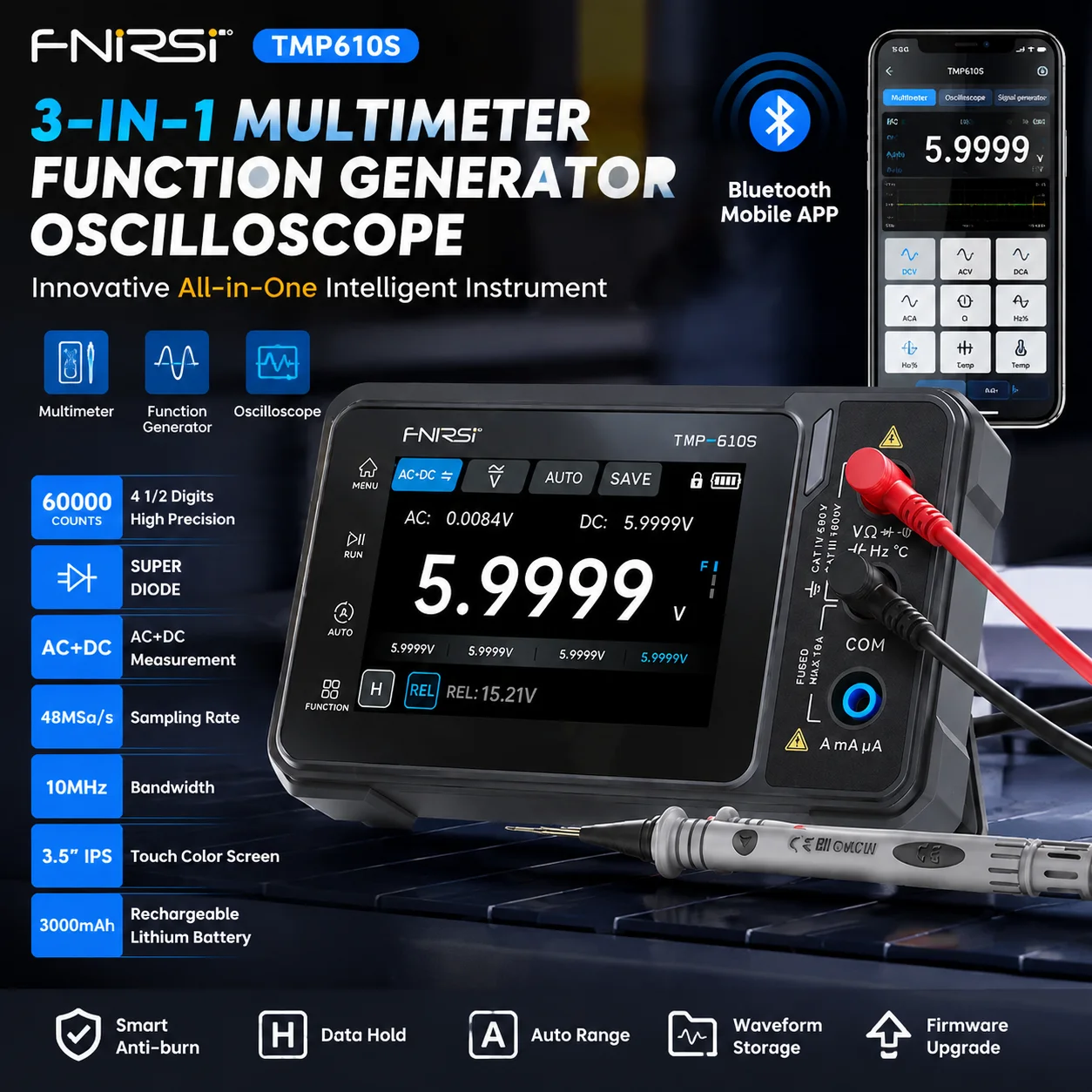 

FNIRSI TMP-610S Automotive Diagnostic 3-in-1 Digital Oscilloscope Multimeter Signal Generator 10MHz 50MS/s 60000 Counts