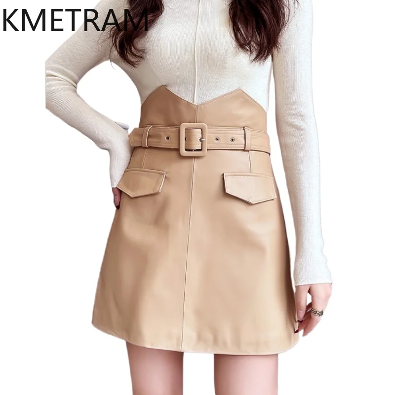 KMETRAM 100% Top Layer Sheepskin Skirt for Woman 2025 Genuine Leather Short Apricot Skirts Autumn Women Clothing юбка шорты
