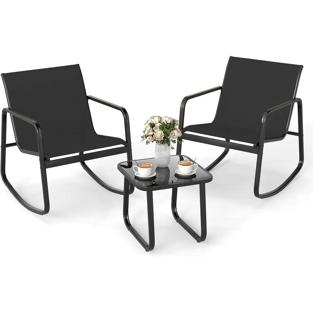 

Outdoor Patio Rocking Bistro Set with 2 Chairs and Glass Table for Balcony, Garden, Backyard (Black)