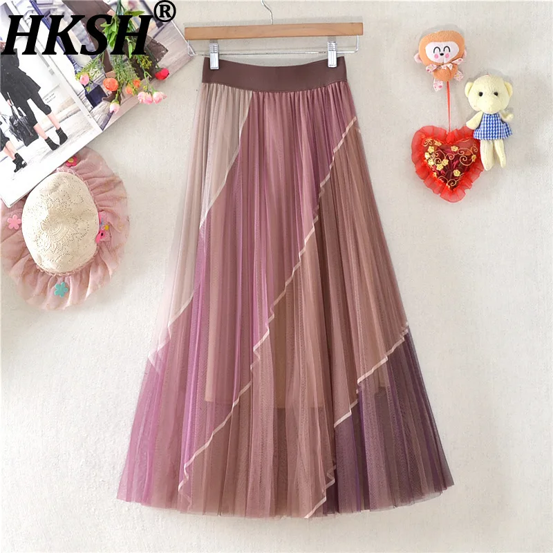 

HKSH Spring Summer Women's Tide Elegant Color Contrast A-line Mesh Skirt Trendy Pleated Versatile Casual Mid-Length Dress HK8247