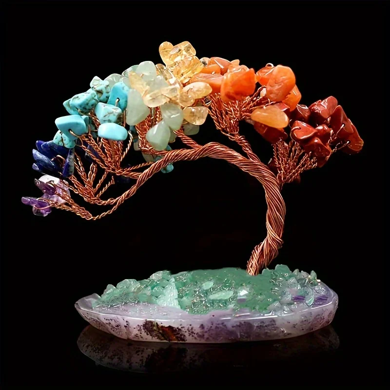 Natural Stone Money Tree, colorful Natural Stone Agate Base, Money Tree, Welcoming Pine Decorative Ornament