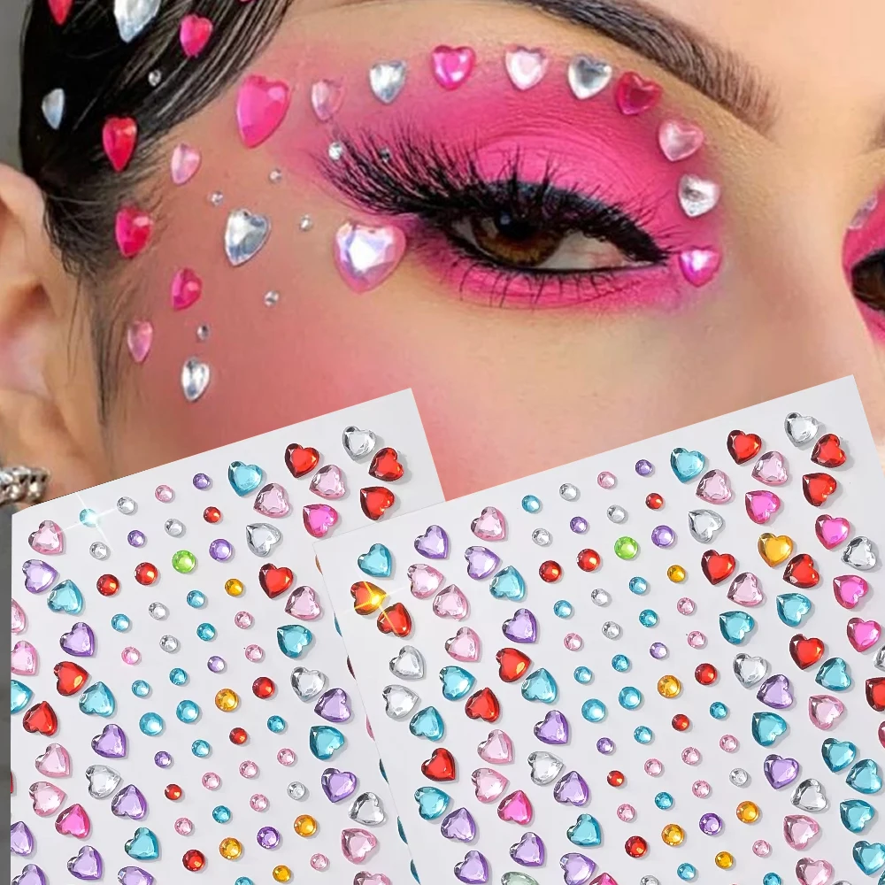 

3D красочная наклейка в форме сердца с кристаллами для лица, макияжа, татуировки, наклейка для фестиваля, вечеринки, самоклеящаяся наклейка с бриллиантами, боди-арт, слайдер с драгоценными камнями