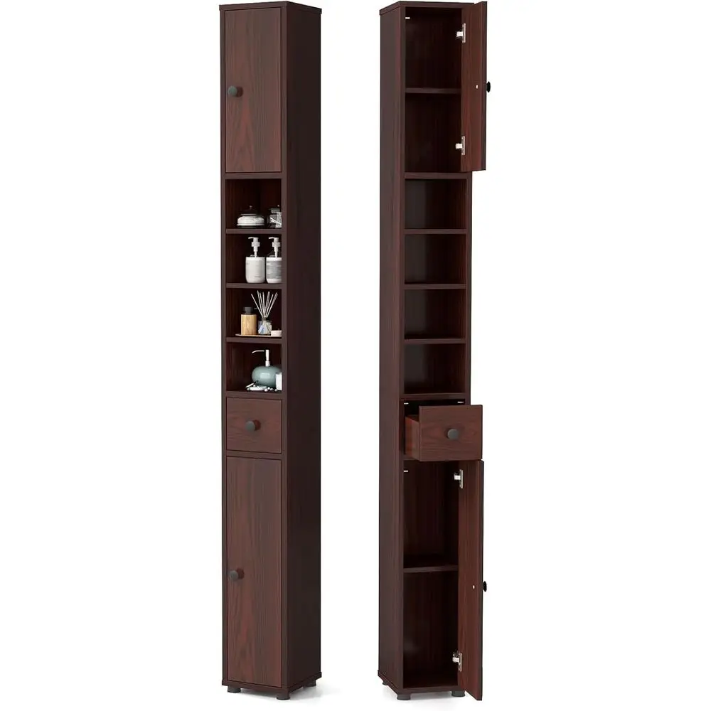 71” Tall Slim Bathroom Storage Cabinet (Reddish Brown, 2) | Narrow loor Cabinet with 2 Do, 5 Adjustable Shelves, 1 Der, Anti-Tip
