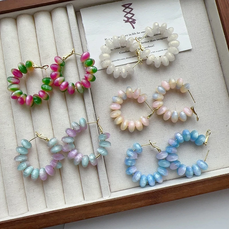 Unique Beads Round Earrings Cute Gradient-Colored Cat's Eye Beaded Hoop Earrings Wholesale Statement Jewelry Custom Packaging