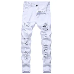 Jeans bianchi da uomo moda Hip Hop strappati Skinny pantaloni in Denim da uomo Slim Fit Stretch Distressed Zip pantaloni Jeans da uomo di alta qualità