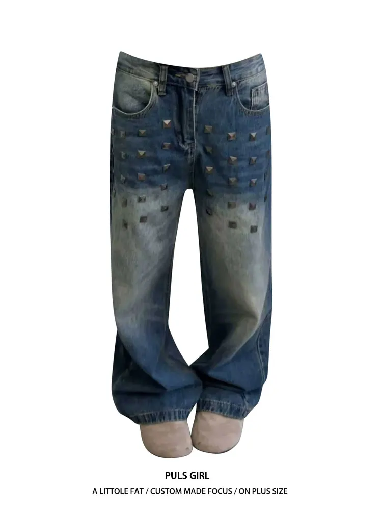 

Retro American Large Size Jeans Women's Loose Wide Leg Pants High Waist Rivet Washed Casual Trousers for Ladies