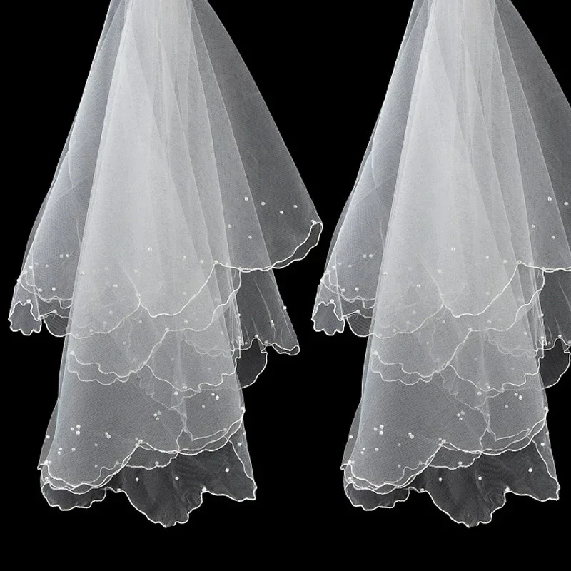 Wedding Veil with Beaded Edge Short Bridal Veil with Comb1 Layer Pearl for Women Bride B