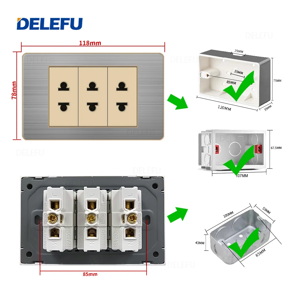 DELEFU Stainless Steel Gold Border Gray Panel Thai Switch Socket Computer USB Type C Wall Power Socket