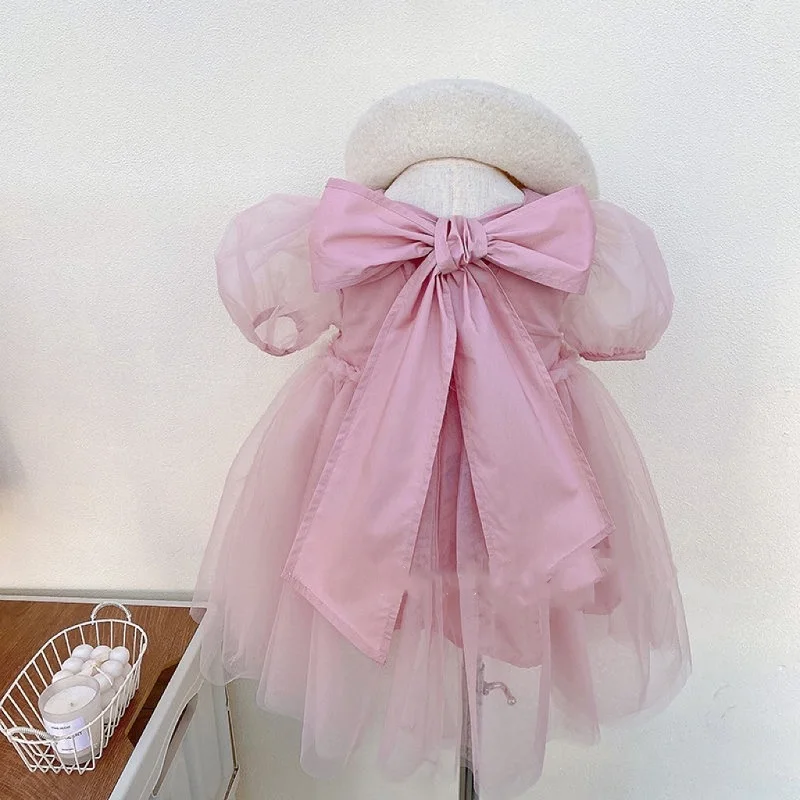 Baby Girl Princess Gauze Tutu Dress Puff Sleeve Infant Toddler Vintage Big Bow Vestido Party Pageant Wedding Baby Clothes 1-10Y