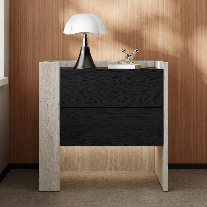 Travertine is silent, antique bedside table, color matching, French retro Italian minimalist, bedside table with lamp, simple an