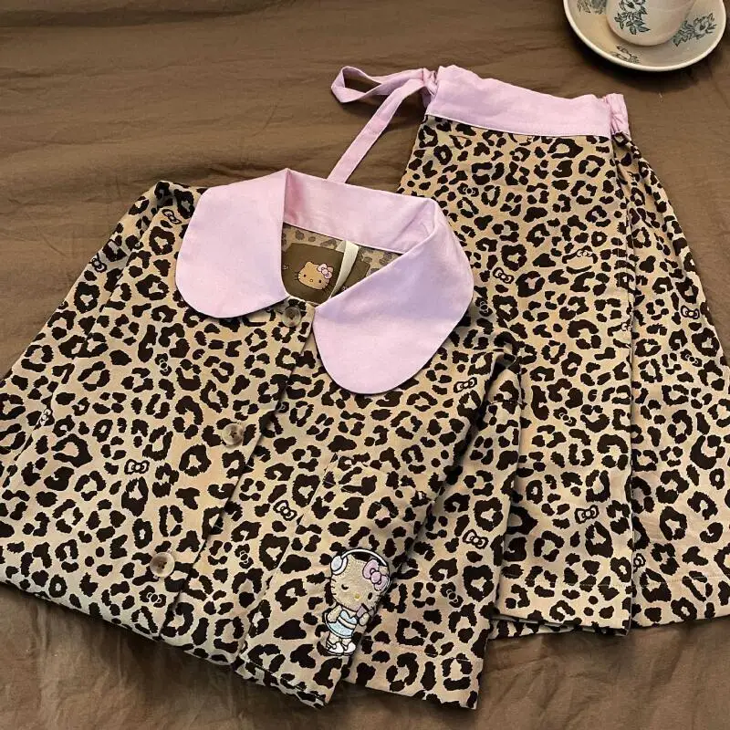 

Sanrio домашняя одежда Hello Kitty мультфильм милая девушка леопардовый принт вискозная нить студенческое общежитие носить снаружи пижамы