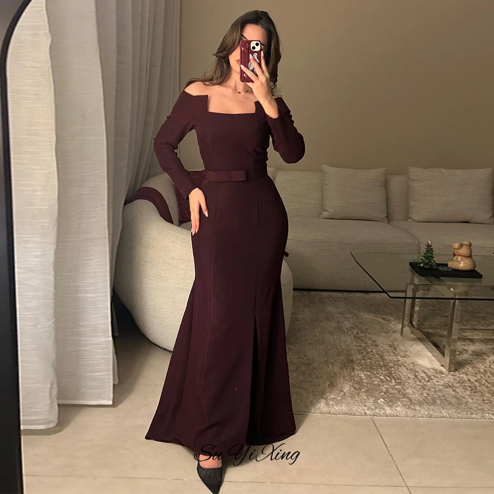 Simple Burgundy Jersey Prom Dress Elegant Mermaid Long Sleeves Evening Dress with Side Slit Classic Boat Neck Celebrity Gowns image 2