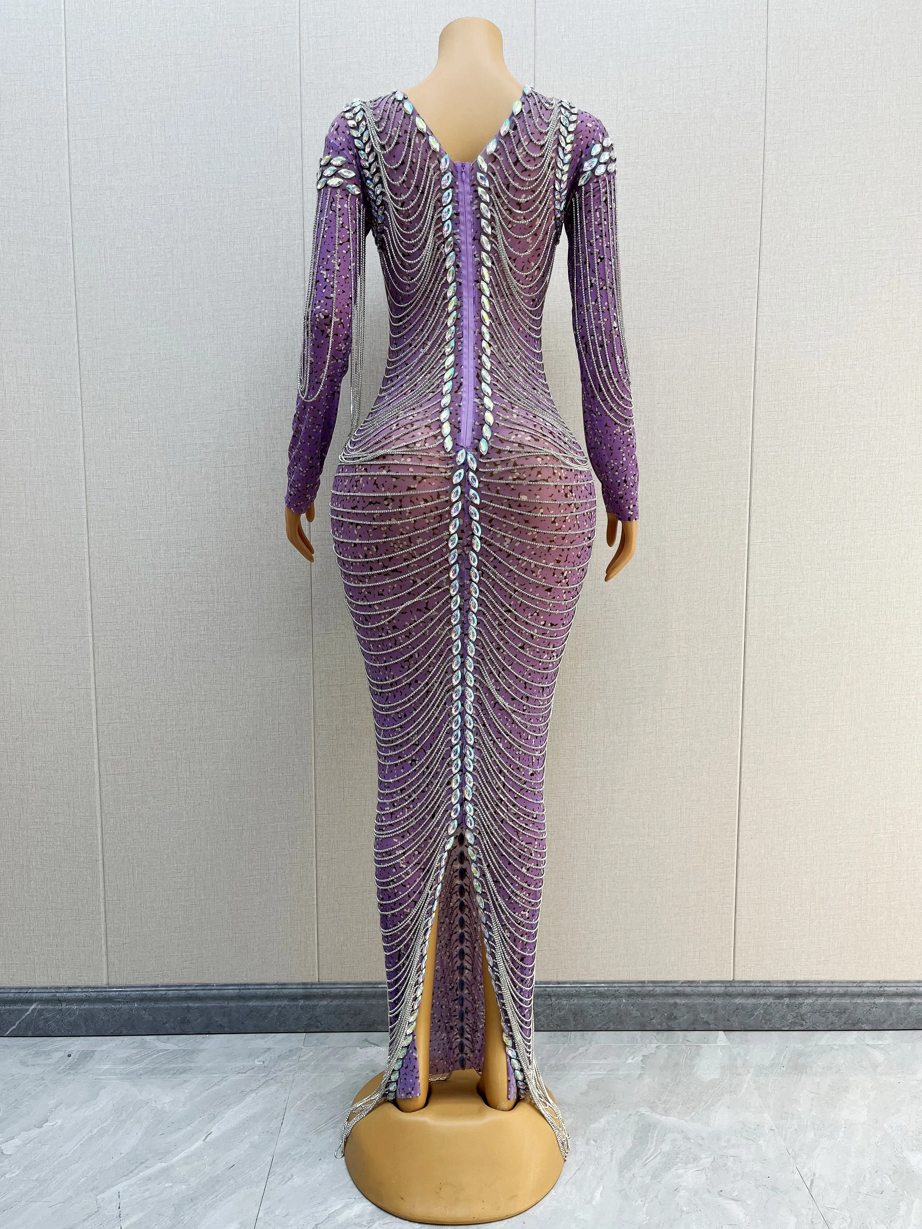 Sexy AB Rhinestones Crystals Chains Purple Dress Female Singer Performance Evening Nightclub Sexy Stretch Costume