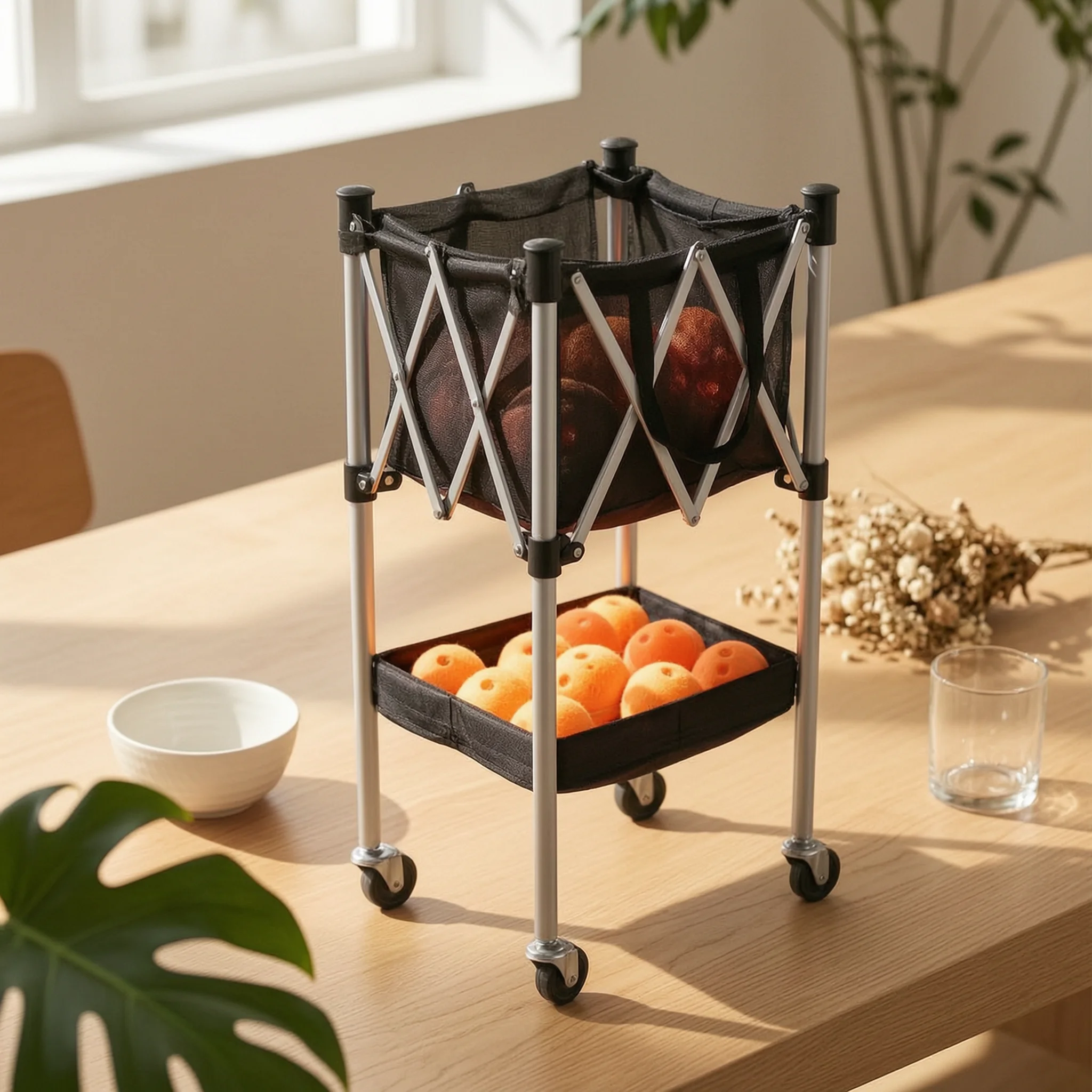 Pickleball Basket Cart with Wheels Wheeled Pickleball Cart with Basket Foldable Ball Hopper Compact Hopper with Wheels Versatile