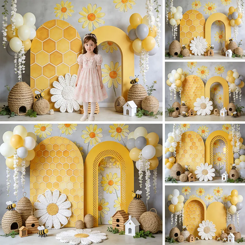 

Фон для фотосъемки «Медовые пчелы» с узором сот, цветами ромашек и воздушными шарами, для детских дней рождений, фотосессий с тортом, портретов, декор для фотостудии