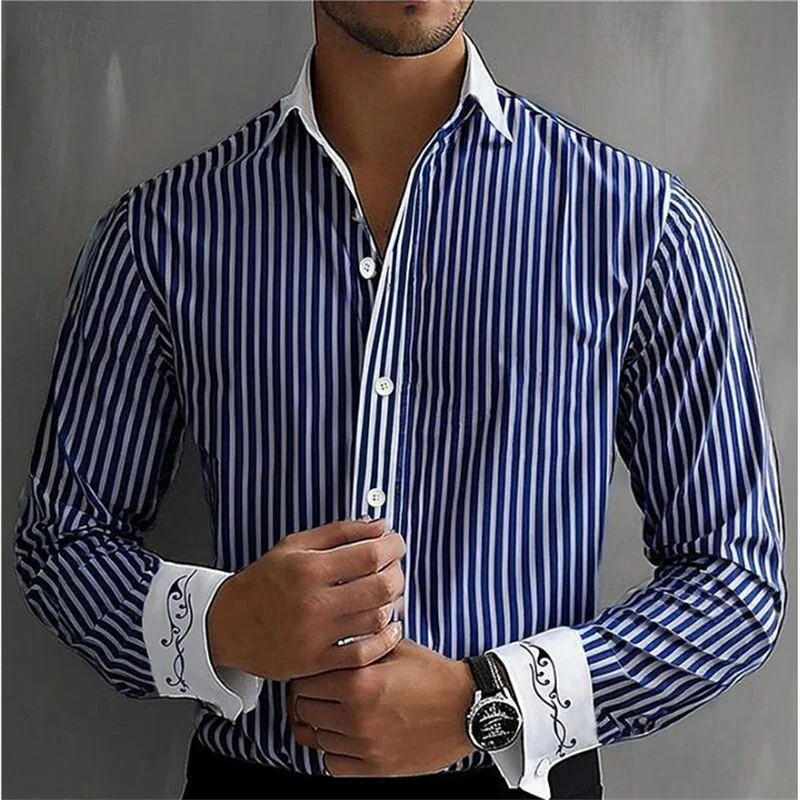 25 Styles Striped Men\'s Business Casual 3D Printed Shirt Street Work Daily Wear Spring Lapel Long Sleeve 6XL Fast Shipping