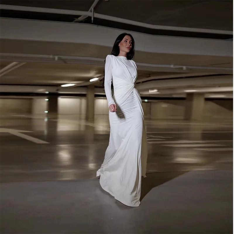 새로운 라운드넥 주름 허리끈 슬림 단색 우아한 화이트 긴팔 드레스 여성 우아한 패션 롱 가운