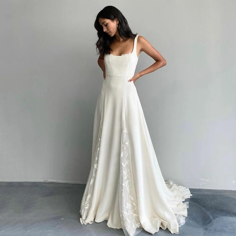 Smileven Ivoor Trouwjurk Zachte Satijn Vierkante Hals Strand Bruid Jurken Trein Elegant Wedding Boho Bruidsjurken 2022