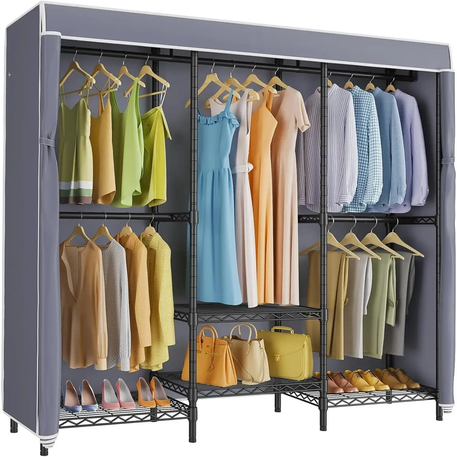 Covered Garment Rack Heavy Duty Clothes Rack with Cover and Adjustable Shelves, Freestanding Portable Closet Racks Clothes