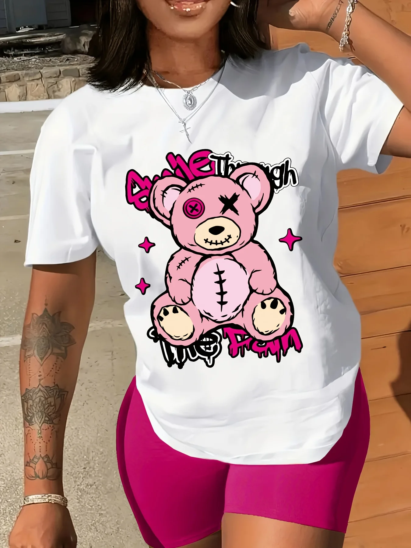 Camiseta con estampado de oso para mujer, camiseta informal de manga corta Harajuku para mujer, ropa de calle, Tops, ropa estética