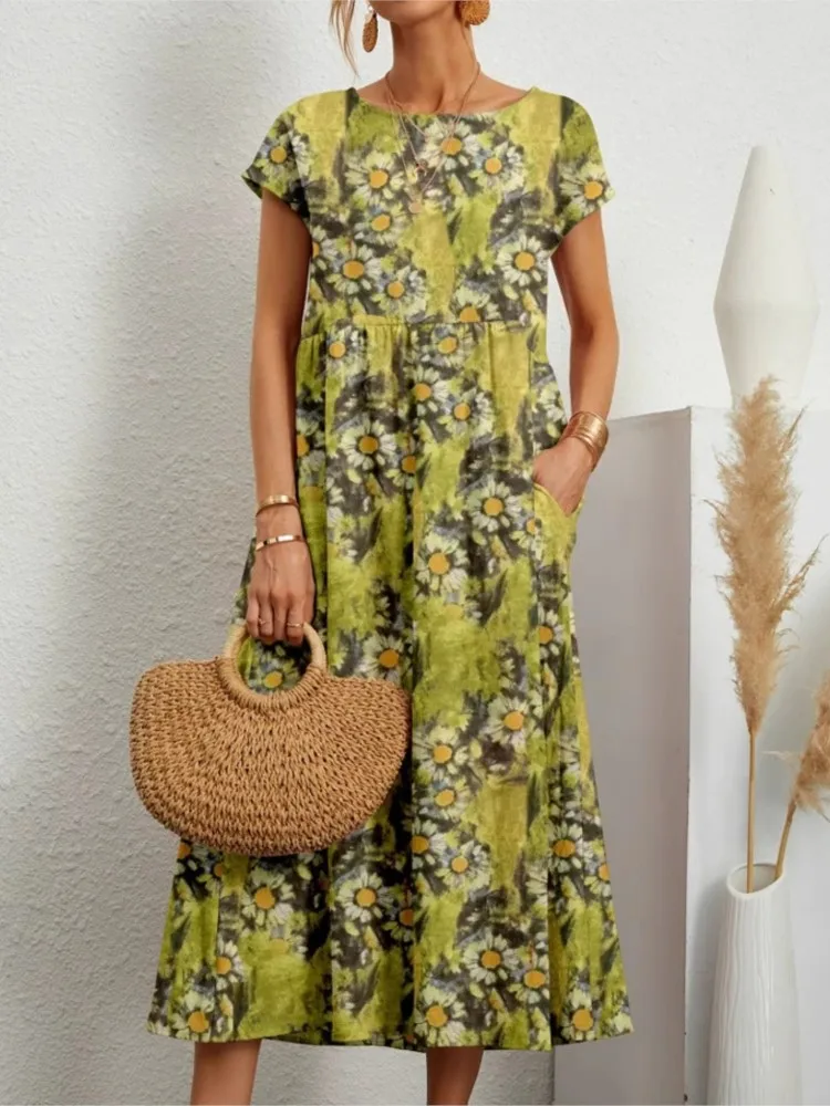 Letnia Nowość Damskie Sukienki Codzienne Modne Sukienki z Dekoltem O-neck Krótki Rękaw Elegancka Sukienka Modna Sukienka Boho Kombinacja Vintage Długa Sukienka