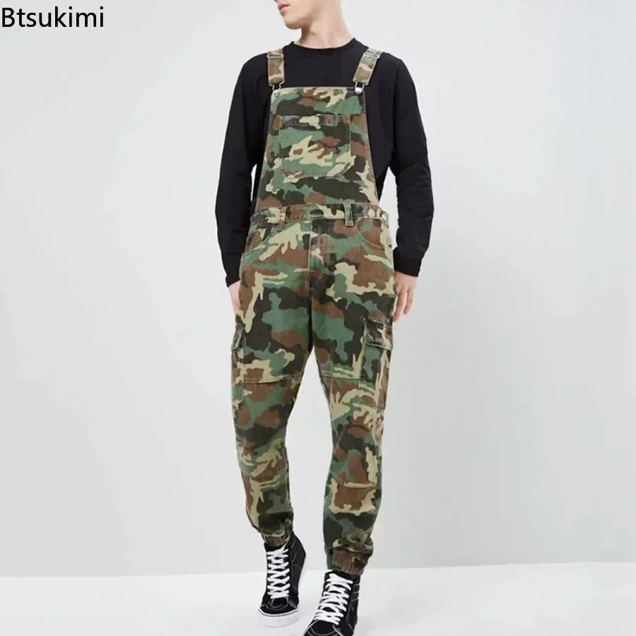 2024 Men\'s Camo Cargo Pants Work Overalls Bib and Brace Camouflage Combat Jeans Jumpsuit Pants Motorcycle Streetwear Jeans Men