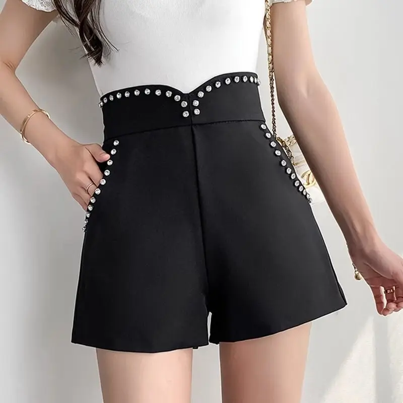 

Streetwear Women Fashion A-line Shorts Vintage High Waist Zipper Set with Diamonds Elegant Suit Female Short Pants Mujer C46
