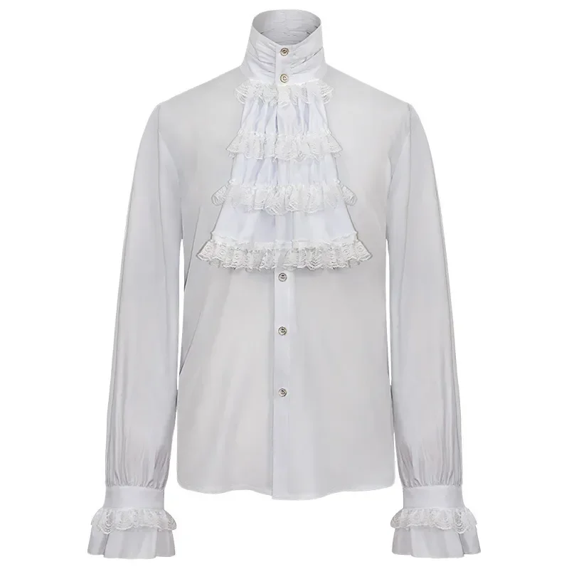 White Cotton & Lace Ruffles Stand Collar Gothic Shirt Men Vampire Pirate Cosplay Clothes Anime Halloween Victorian Medieval Top