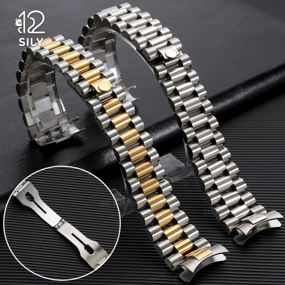 20mm Curved End Stainless Steel Wristband Solid Metal Strap for Rolex for Oyster Presidential Buckle for Men Silver Gold ﻿Straps