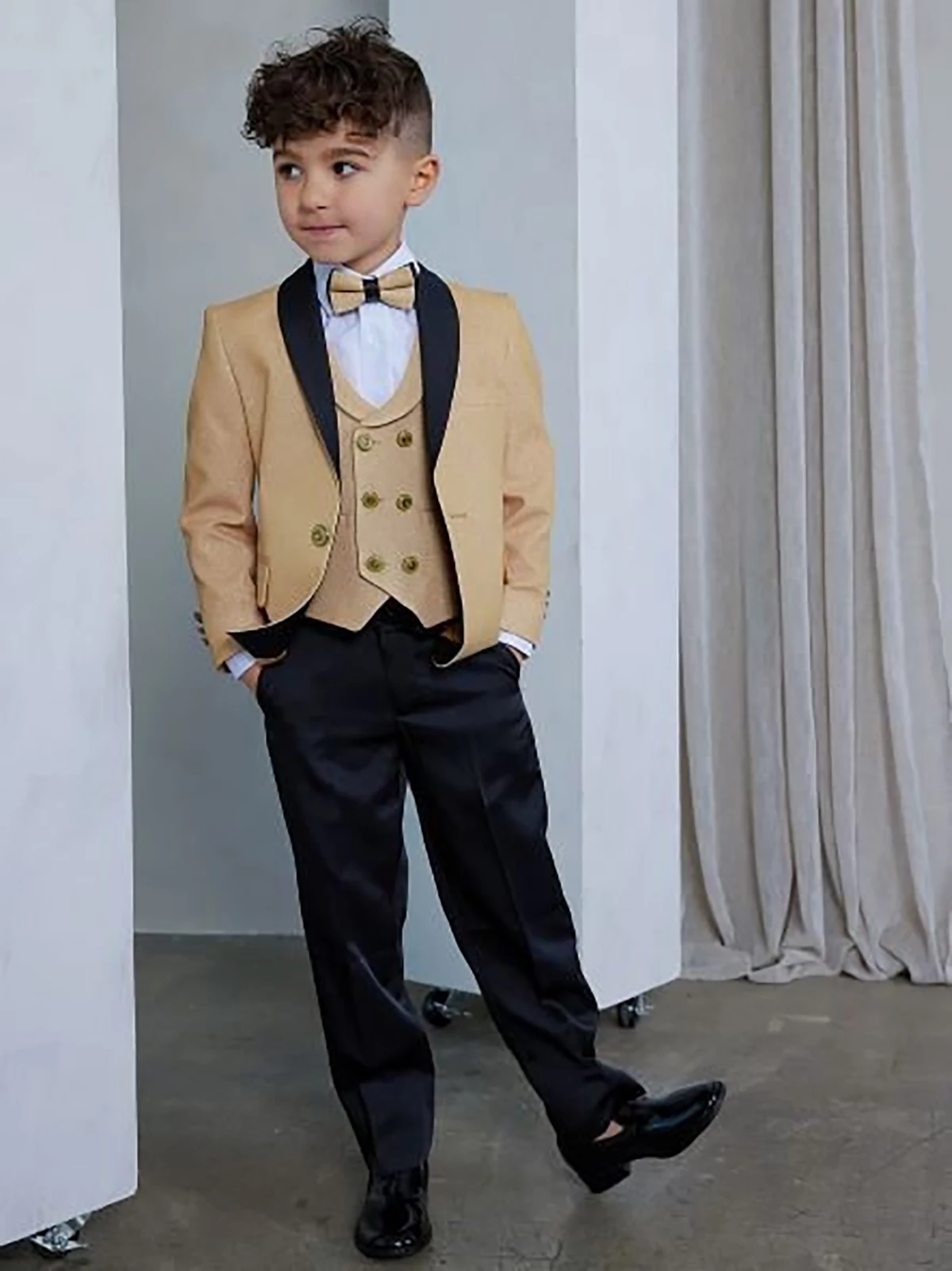 Champagn Child Boy Pants Suits Dinner Tuxedos Little Kids Costume Wedding Party Prom Birthday Wear 3 Pieces Jacket Black Pants