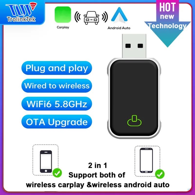 Neue drahtlose Carplay-Auto-Konnektivitätsbox, intelligente drahtlose Box, 2-in-1-Plug-and-Play, automatische Bluetooth 5.0-Verbindung, 5,8 GHz WLAN