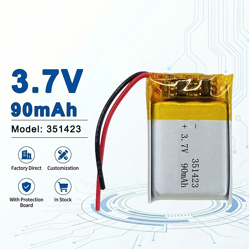 

Аккумулятор LiPo 3.7V 90mAh для Bluetooth-наушников, часов и миниатюрных устройств (модели 351423, 401525, 402030, 402035)