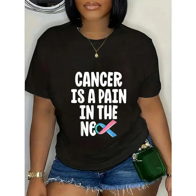 

Cancer Awareness T-shirt Pain In The Neck Graphic Tee Cancer Survivor Pullover Crewneck Short Sleeve Support Ribbon Shirt