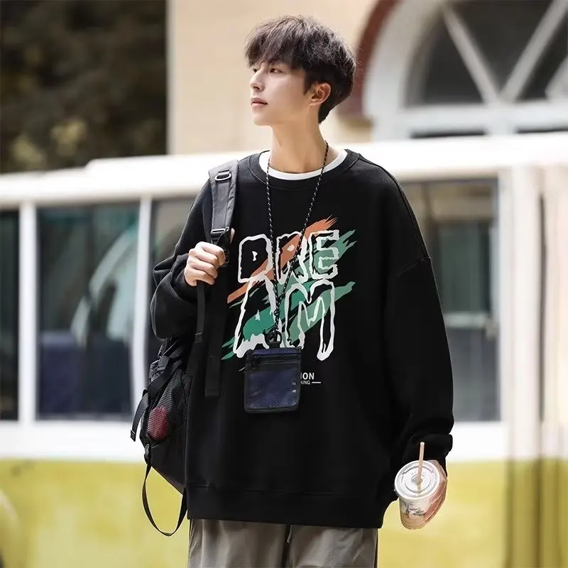 New Men's Sweatshirt Korean Letter Cotton Long Sleeved T-shirt Autumn Warm Dinosaur Fossil White Top Oversized Men's Clothing