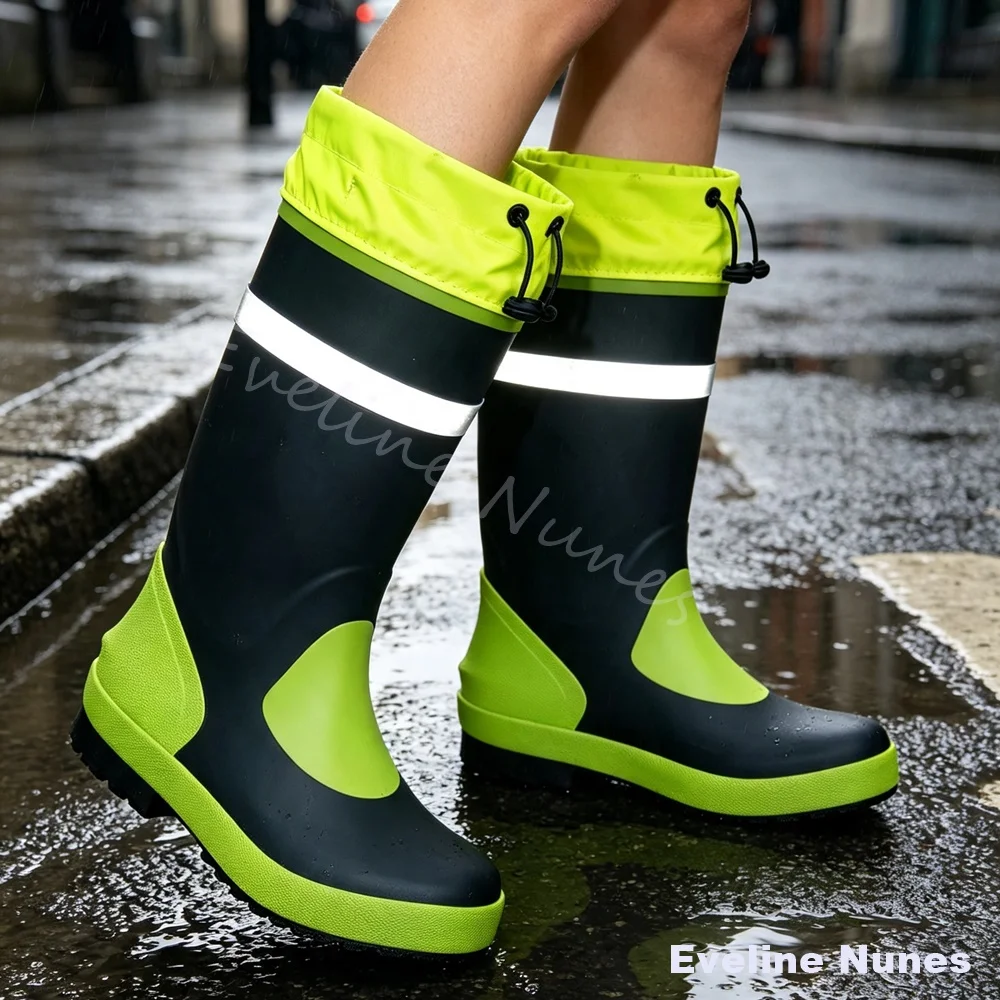 Unisex Mid Calf Rain Boots Neon Green Waterproof Rubber Boots Reflective Strip Drawstring Cuff Non Slip Outdoor Work Rain Shoes