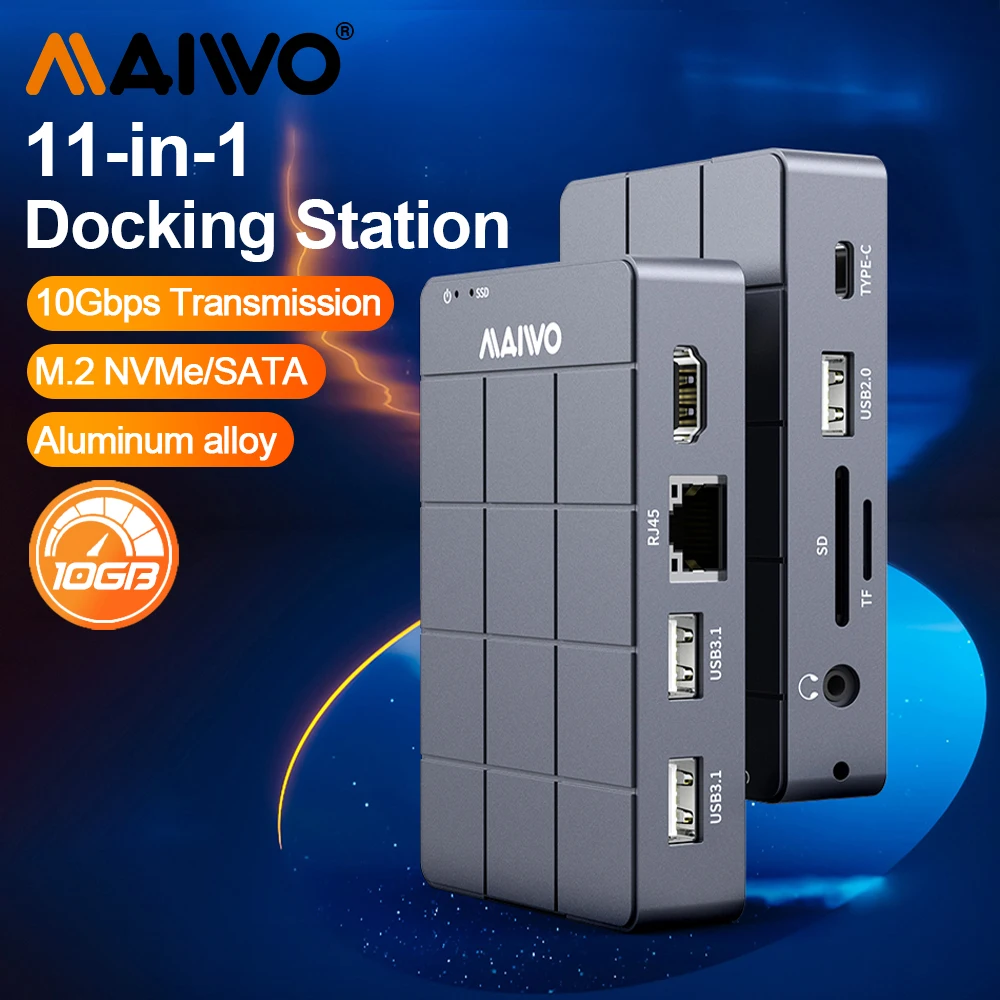 

MAIWO USB C Hub with 10Gbps M.2 NVMe SATA SSD Enclosure with 4K HDMI PD100W 1000Mbps Ethernet, USB3.1 GEN2 SD/TF Card Reader